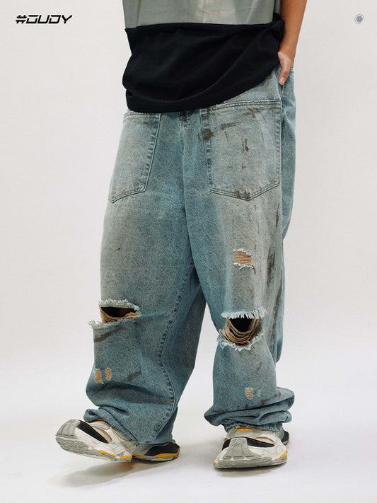 Vintage Wash Distressed Denim Pants